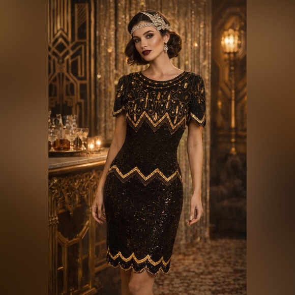 Laurence Kazar Dresses & Skirts - VINTAGE Size M LAWRENCE KAZAR black gold sequin cocktail dress with slit